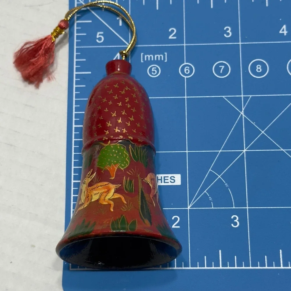 Hand Painted PapierMache Bell Ornament Red Gold Deer Woodland Scene Tassel 2.75